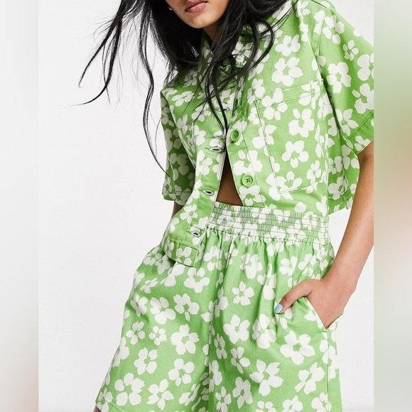 TOPSHOP CO ORD PULL ON HIBISCUS FLORAL PRINT SHORTS SIZE 4 IN GREEN - Picture 5 of 10